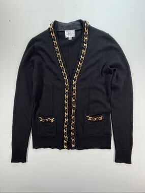 Milly Blair Waldorf Gossip Girl Cardigan Size M Black Gold Chain Merino Wool EUC